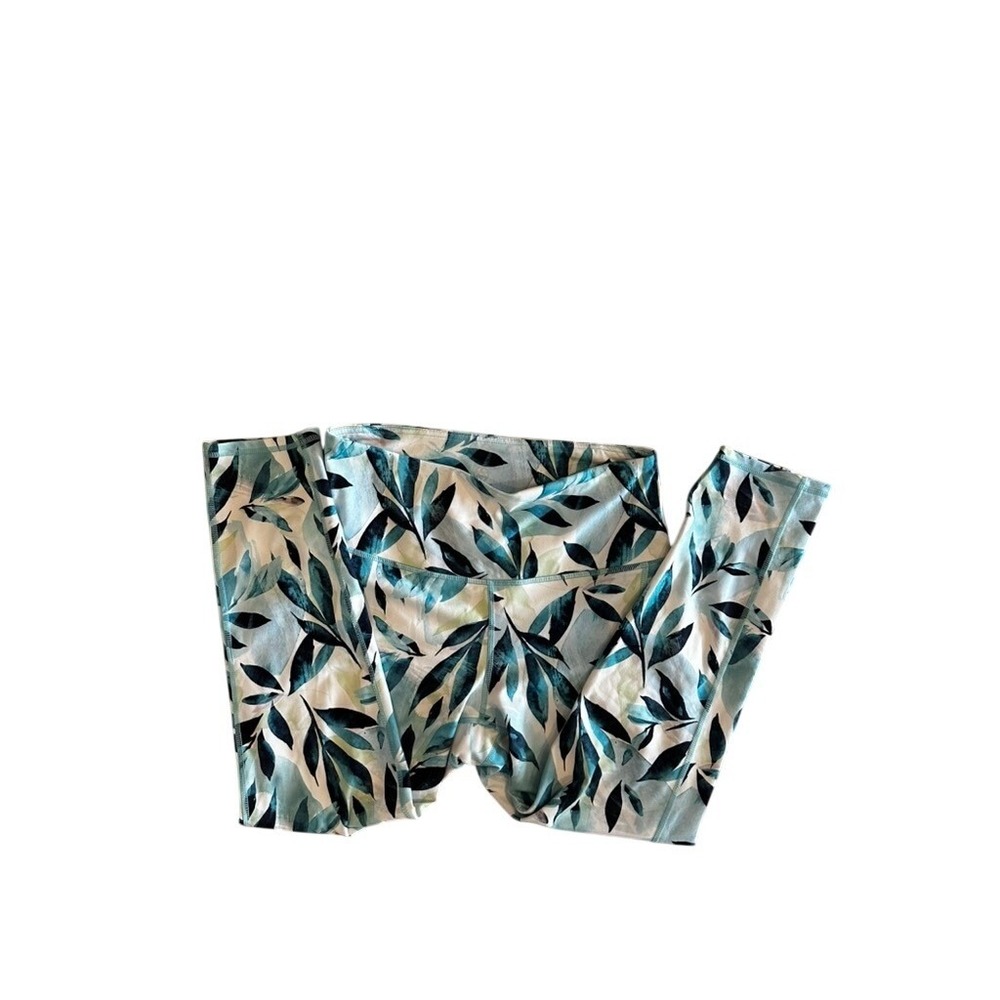Gaiam Womens Blue Green Tropical Leaf Print High Waist Pocket Leggings Size M
